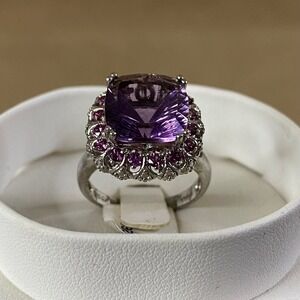 Cushion Purple Fluorite‎ & Rhodolite Garnet Sterling Silver 925 Ring Halo Sz 9